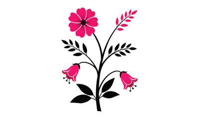 Elegant graphic illustration of a vibrant pink floral arrangement with detailed black leaves and stems, perfect for decorative designs, spring themes, or botanical accents on a clean white background.