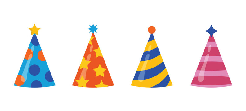 Birthday cone set, party hats in bright colors, vector decorative elements.