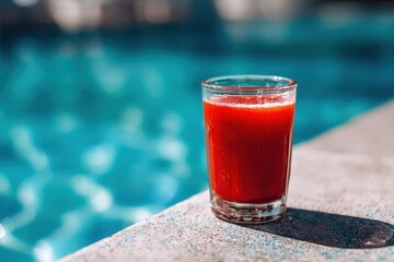 Refreshing chilled glass of red juice on poolside sunny summer day blue water vacation relaxation leisure beverage vibrant drink