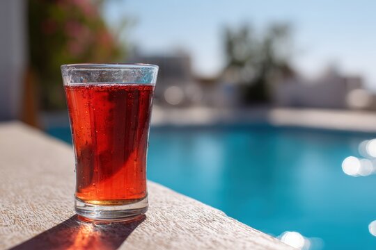 Refreshing iced red drink glass summer poolside relaxing vacation beverage hydration outdoor leisure sunlight bright blue water refreshing moment holiday resort enjoyment