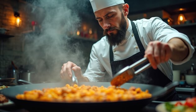 Bearded chef cooking dish on kitchen. Man in uniform stir fries meal with tongs in skillet. Culinary expertise in a restaurant kitchen creating food in steam.