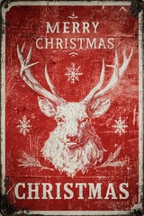Vintage Merry Christmas card with reindeer head, rustic red festive holiday decor, classic Christmas design, nostalgic winter celebration, season's greetings antique style