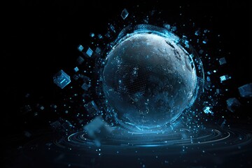 A digital globe with data fragments exploding outward against a dark, techy backdrop