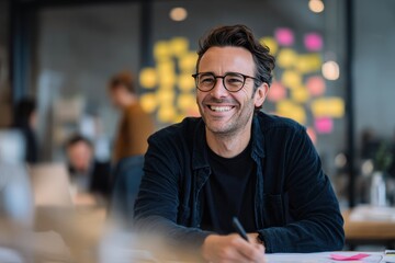 Obraz premium Smiling confident business professional working in modern office vibrant workspace creative brainstorming post-it notes collaboration strategy success productivity