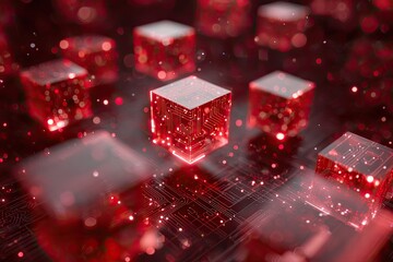 Futuristic, glowing red cubes with intricate circuit patterns, set amidst a dark field of electronic details