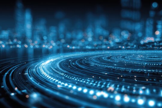 An abstract view of swirling light trails curving towards a city skyline at night - Powered by Adobe