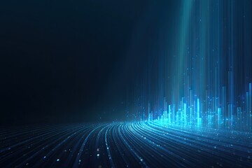 Abstract artwork showcasing radiant, vertical blue lines illuminating a dark background