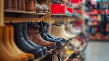 Display of boots on shelves in a store, showcasing a variety of styles and colors for customers