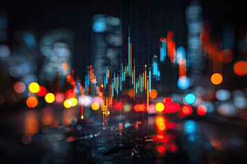 A bokeh-filled nighttime urban scene overlaid with a data chart representing fluctuations