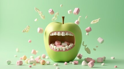 A green apple with a wide open mouth full of human-like white teeth, with marshmallows inside and around the mouth are floating and flying, creating a whimsical and playful scene.