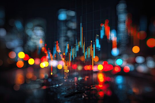 A bokeh-filled nighttime urban scene overlaid with a data chart representing fluctuations