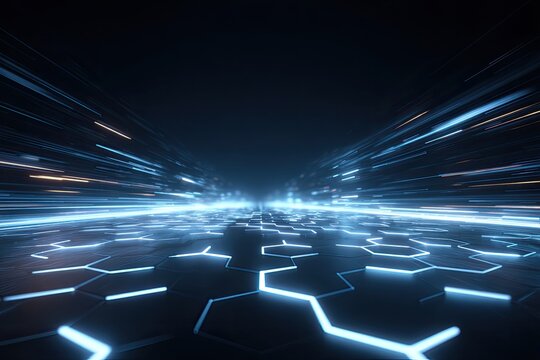 A dark futuristic abstract scene with illuminated hexagonal panels and light trails receding to the horizon
