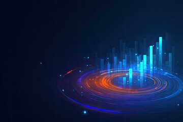 Abstract illustration of data visualization with glowing bars and circular rings