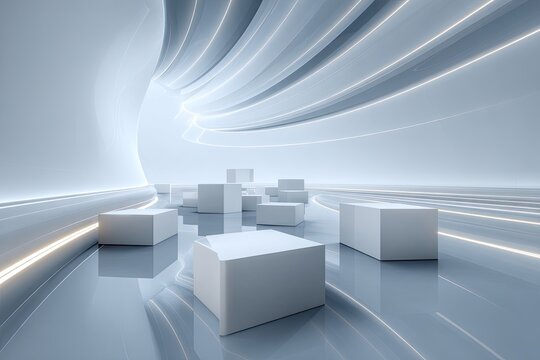 Abstract digital artwork featuring a luminous tunnel with floating white cubes, reflecting