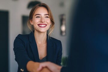 Smiling confident businesswoman in formal attire handshake professional agreement partnership interview success positive business setting modern office environment