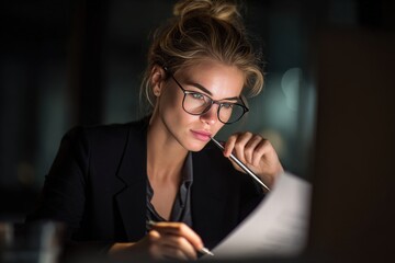 Focused woman working late night in office, professional business analysis, thoughtful expression, glasses, blonde hair, modern corporate setting, serious concentration, office lighting