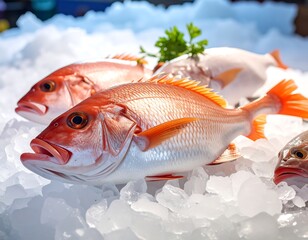 Freshly displayed red fish on a bed of crushed ice, culinary scene