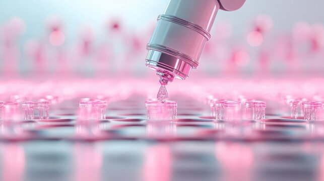 Microfluidic device dispensing liquid into laboratory samples, representing advanced biotechnology research and development.