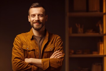 Confident smiling man standing in casual attire inside cozy modern home or office environment with crossed arms warm light professional portrait relaxed atmosphere self-assured youthful energy