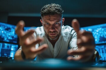 Focused cybersecurity expert in control room monitoring threat detection high tech network futuristic workspace digital security specialist computer screens technology defense system