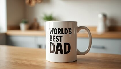 Mug on kitchen table reads Worlds Best Dad. Special gift for father holiday celebration. Great fathers day greeting card design. Modern minimalist kitchen, plants on background. Perfect family