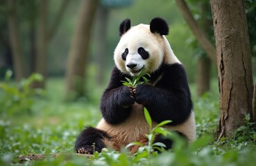 Obraz premium Giant panda sits in green grass, eating bamboo leaves with paws. Black and white mammal rests outdoors in a forest setting. This rare creature has a calm look while chewing fresh greens.