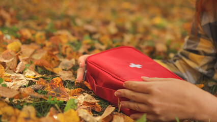 First aid kit. Autumn foliage. High-quality photo.