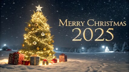 Magical illuminated christmas tree with gifts in snowy landscape and merry christmas 2025 text