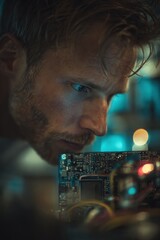 Focused engineer working on electronic circuit board in dimly lit tech workshop, dedicated technology expert, intricate PCB components, modern innovation, tech repair, electronic detail