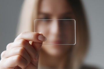 Woman Holding Blank Transparent Business Card