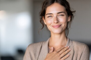 Smiling woman feeling grateful gratitude gesture hand on heart candid portrait natural light cozy setting emotions positivity sincerity happiness lifestyle