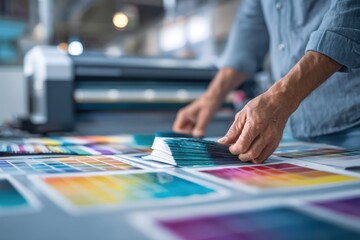 Creative setup with swatches. Art director workplace visuals, graphic project print. Paint color guide samples. Person holding sketch plan selection colour sampling. Design Studio. Printing office
