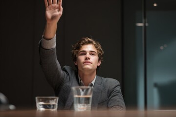 Young professional man participating in meeting raising hand modern corporate setting business casual attire engaged employee discussing ideas office teamwork collaboration