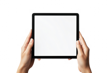 Hands holding digital tablet isolated on a transparent background