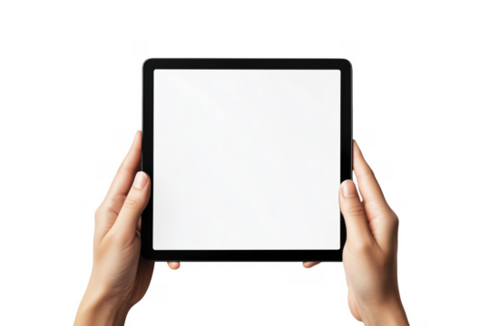 Hands holding digital tablet isolated on a transparent background