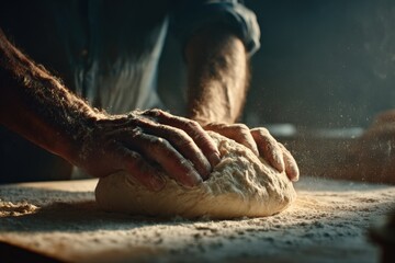 Rustic baking hands kneading dough authentic kitchen homemade bread making artisan craftsmanship sunlight flour dust motion close-up culinary tradition process