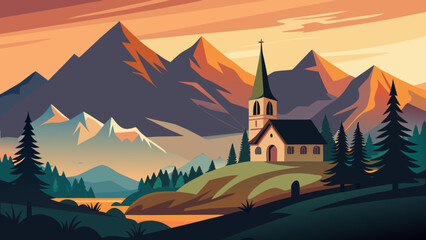 Serene mountain landscape with a charming church nestled on a hill at sunset