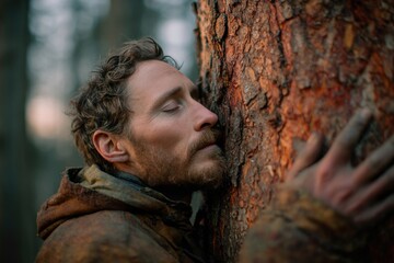 Man connecting with nature hugging tree emotional bond environmental conservation forest mindfulness meditation peaceful serene natural surroundings autumn setting warm hues