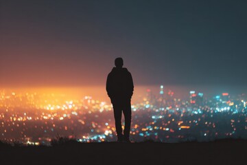 Silhouette of person standing on hill overlooking city lights at dusk urban landscape night time solitude peaceful introspective feeling beautiful cityscape glowing horizon standing man