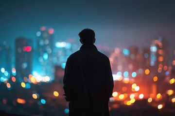 Silhouette of contemplative person overlooking vibrant cityscape at night bokeh lights urban skyline introspective mood metropolitan scene solitude night photography