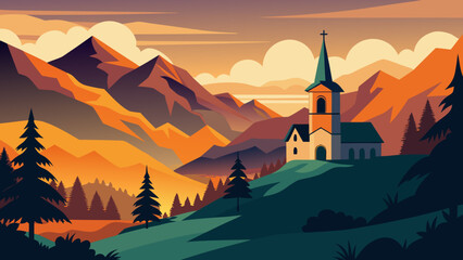 Naklejka premium Serene mountain landscape with a charming church nestled on a hill at sunset