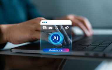 Close-up of hands typing on laptop with futuristic AI interface featuring communication, email, search and automation icons. Artificial intelligence tools for content generation and productivity.