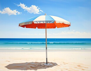 A colorful beach umbrella casting a shadow on the sandy beach