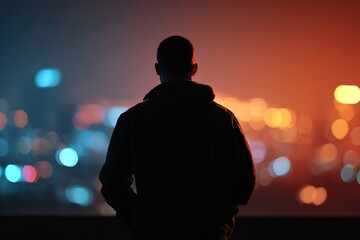 Silhouette of man gazing at city skyline at night colorful bokeh lighting urban landscape solitude contemplation reflecting modern cityscape atmospheric mood