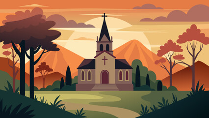 Naklejka premium Stylized illustration of a charming church nestled among rolling hills and trees at sunset