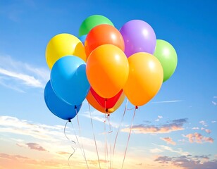 A colorful bouquet of balloons against a bright, sunny blue sky