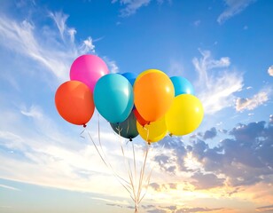 A colorful bundle of balloons floats against a bright, cloudy sky