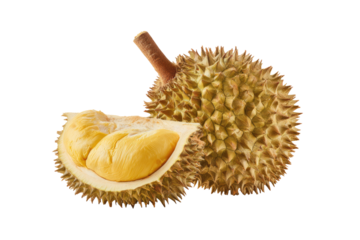 Spiky durian, one piece cut open revealing yellow flesh