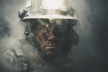 Courageous firefighter wearing helmet covered in soot and ash combating fire smoky atmosphere heroic first responder emergency brave rescue mission intense dramatic look determined face