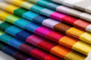 Fototapeta premium Fabric samples. Colorful bright fabric sampling of furniture, clothing upholstery. Palette guide different colors. Collection. Multicolor texture background. Catalog of multicolored cloth. Color guide